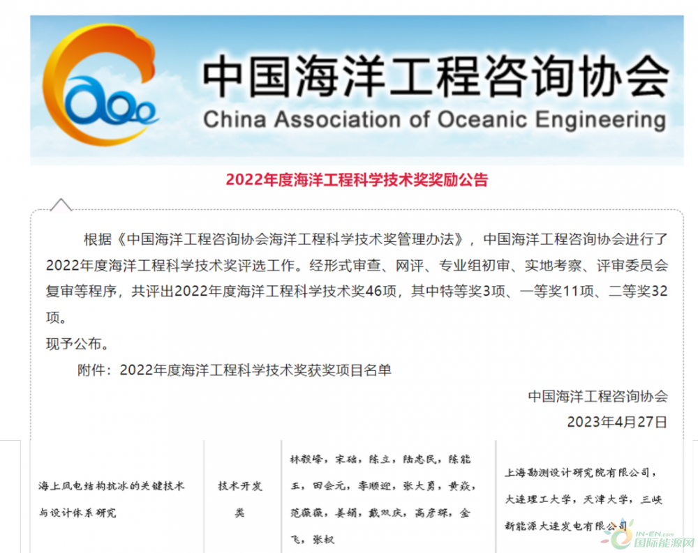 三峡上海院这项科技成果喜获海洋工程科学技术奖一等奖！